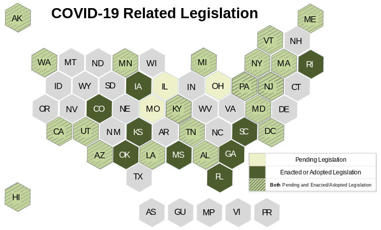 state map breaking down states that have passed or having pending legislation pertaining to the coronavirus