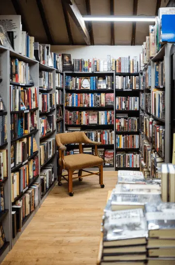 Second Time Books bookshelves and chair