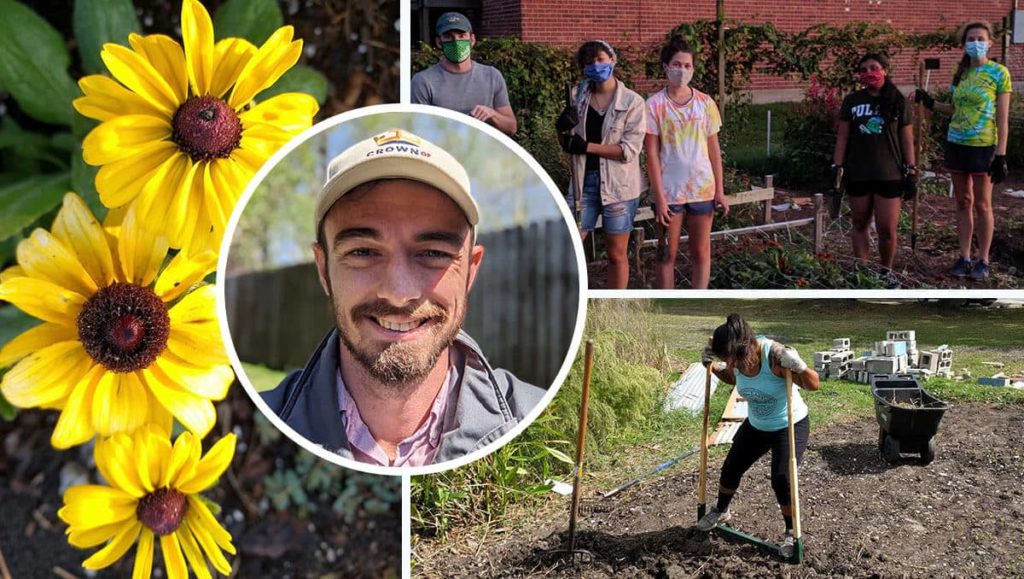 Collage featuring Crown Community Garden's owner, volunteers, and flowers