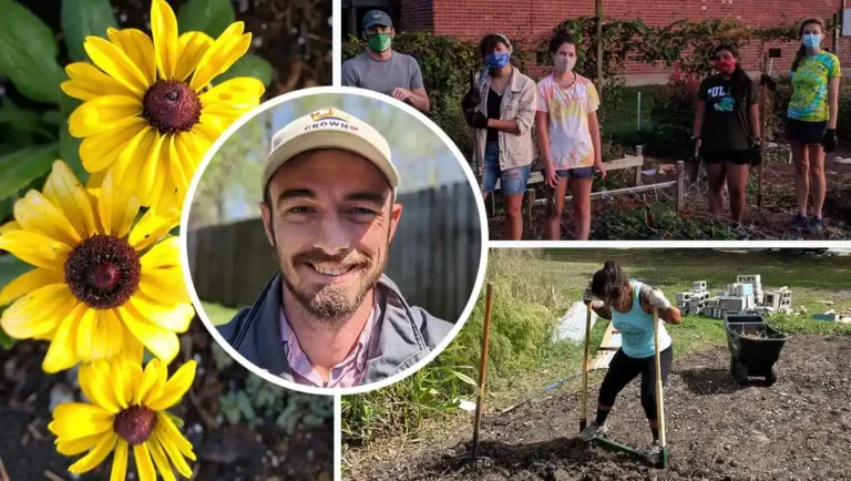 Collage featuring Crown Community Garden's owner, volunteers, and flowers