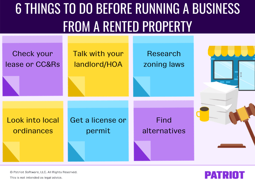 6 things to do before running a business from a rented property: 1) check your lease or CC&Rs 2) talk with your landlord/HOA 3) research zoning laws 4) look into local ordinances 5) get a license or permit 6) find alternatives 