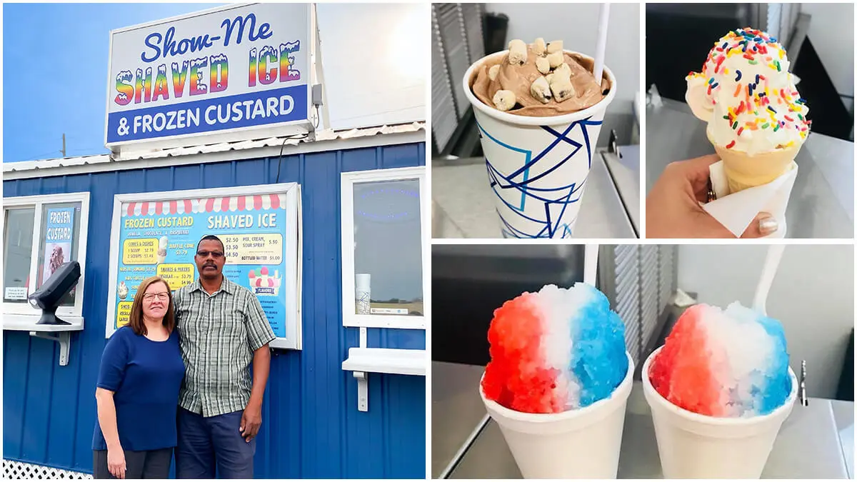 Show Me Shaved Ice collage with owners and product