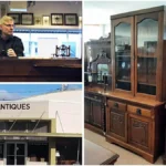A collage of Cota Street antiques including a photo of John Regan the owner, the street view of the shop, and some antique offerings at the store.
