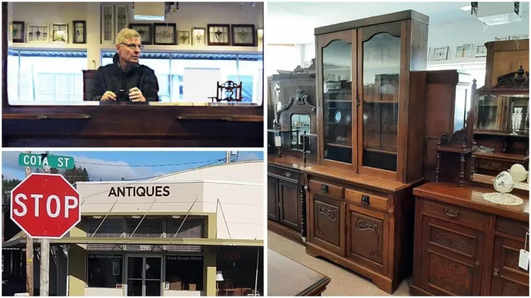 A collage of Cota Street antiques including a photo of John Regan the owner, the street view of the shop, and some antique offerings at the store.