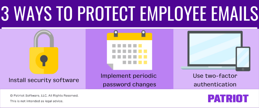 3 ways to protect employee emails: install security software, implement periodic password changes, and use 2FA