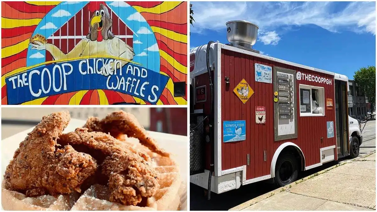 The Coop Chicken and Waffles; collage of food truck, logo, and fried chicken.