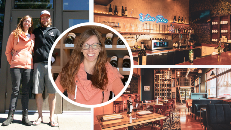 photo collage featuring Flights Wine Bar in Bend, Oregon, and owners Kelsey and Kent