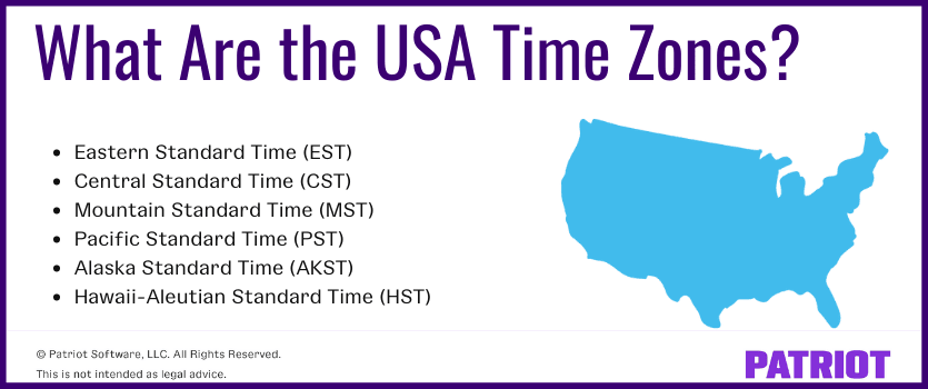 Different time zones in USA: EST, CST, MST, PST, AKST, HST