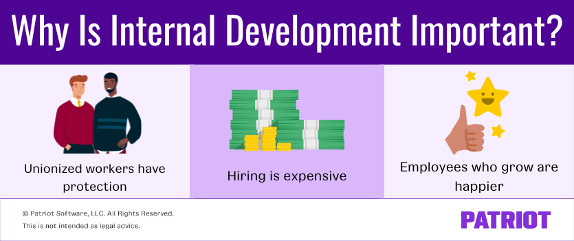 Why is internal development so important? 1) unionized workers have protection 2) hiring is expensive 3) employees who grow are happier