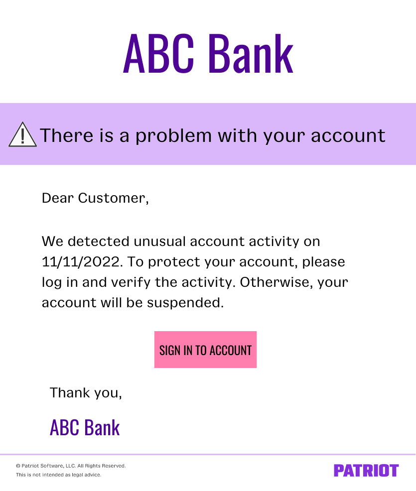 Example of a phishing attack from someone claiming to be a bank.